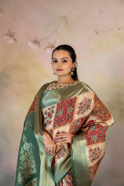 Red Block Print Collage Jacquard Saree - Yuvani