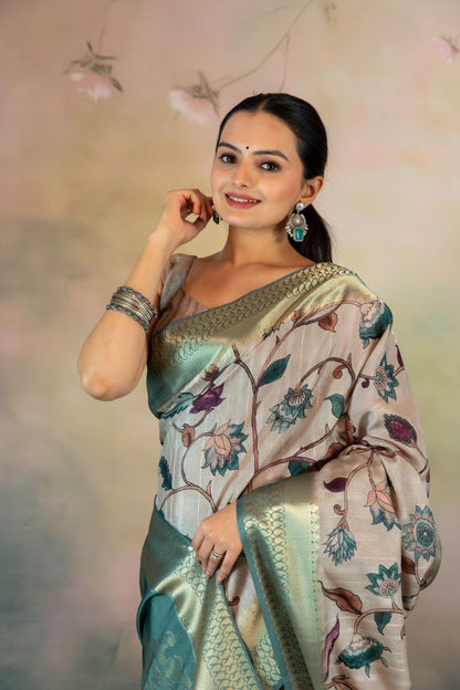 Metallic Kalamkari Print Jacquard Saree - Yuvani