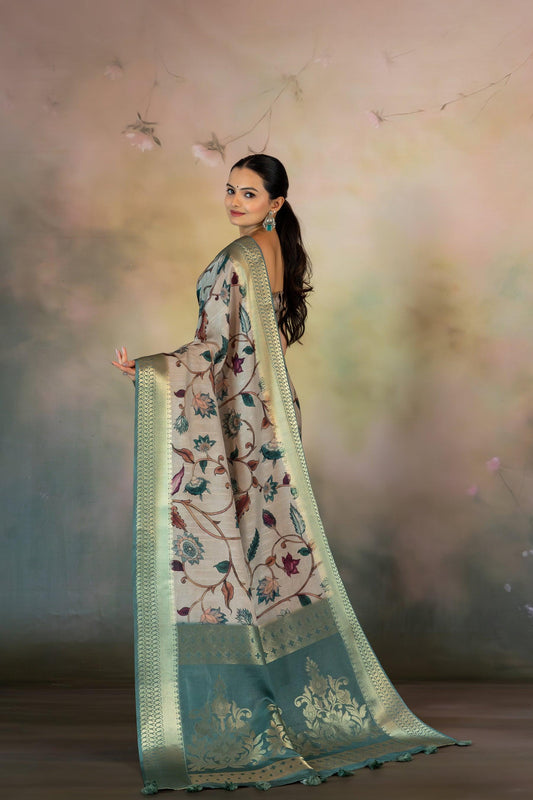 Metallic Kalamkari Print Jacquard Saree - Yuvani