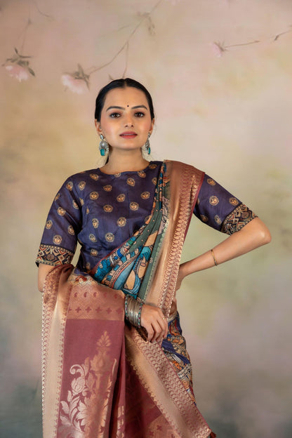 Purple Kalamkari Print Jacquard Saree - Yuvani