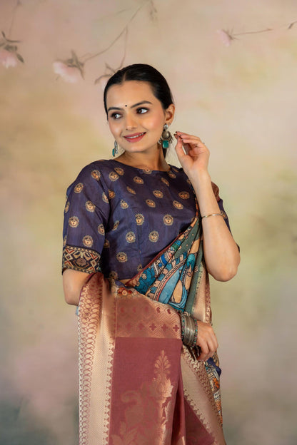Purple Kalamkari Print Jacquard Saree - Yuvani