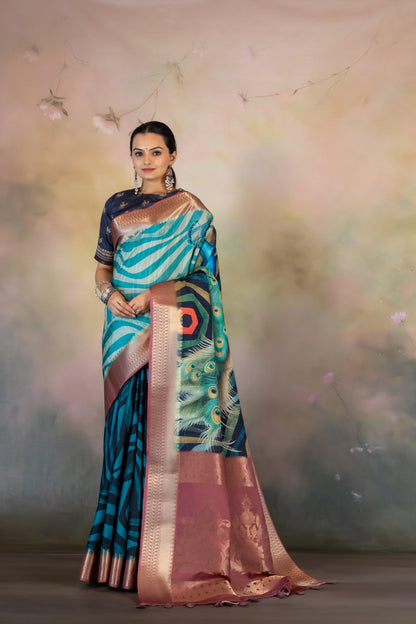 Geometric Peacock Print Jacquard Saree - Yuvani