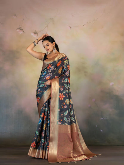 Floral Kalamkari Print Jacquard Saree - Yuvani