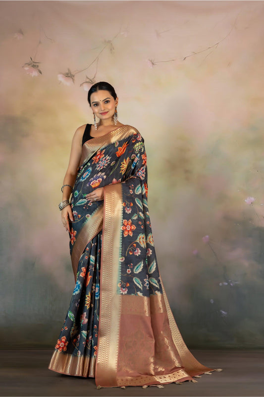 Floral Kalamkari Print Jacquard Saree - Yuvani