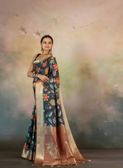 Floral Kalamkari Print Jacquard Saree - Yuvani