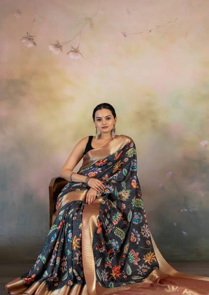 Floral Kalamkari Print Jacquard Saree - Yuvani