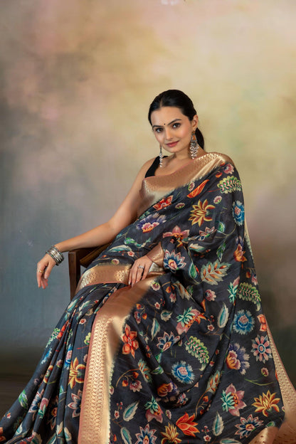 Floral Kalamkari Print Jacquard Saree - Yuvani