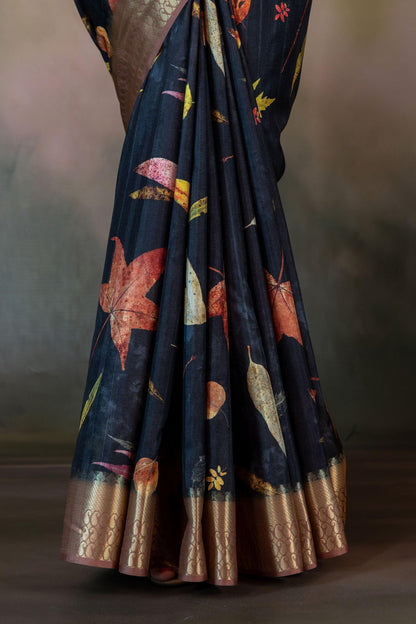 Eco Leaves Print Jacquard Saree - Yuvani