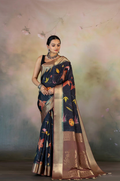 Eco Leaves Print Jacquard Saree - Yuvani