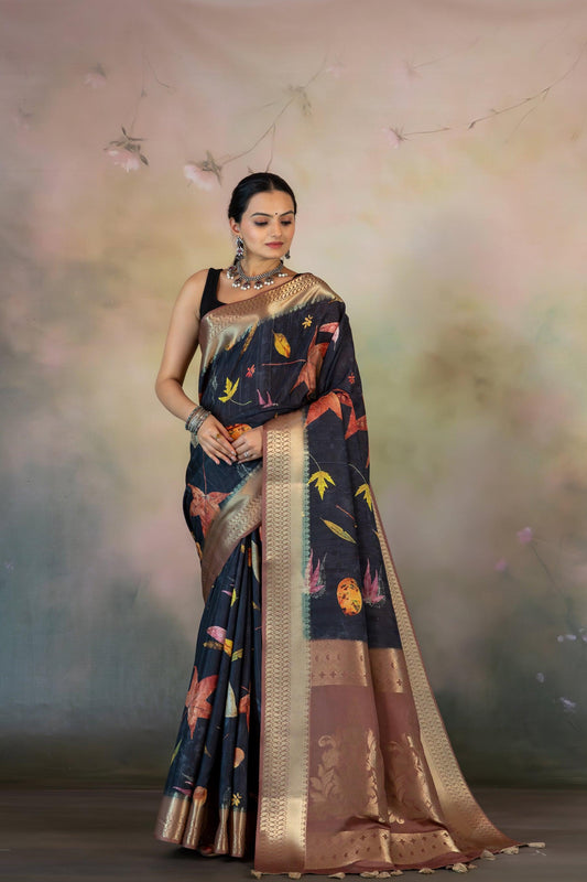 Eco Leaves Print Jacquard Saree - Yuvani