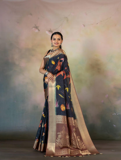 Eco Leaves Print Jacquard Saree - Yuvani