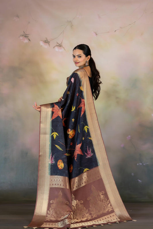 Eco Leaves Print Jacquard Saree - Yuvani