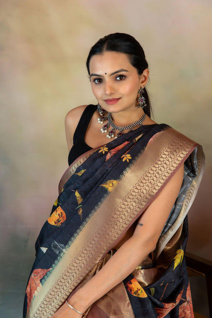 Eco Leaves Print Jacquard Saree - Yuvani