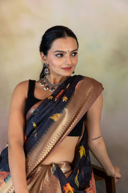 Eco Leaves Print Jacquard Saree - Yuvani