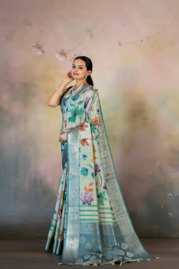 Multicolor Floral Print Jacquard Saree - Yuvani