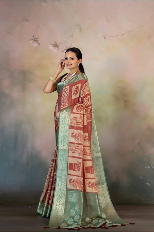 Rust Color Block Print Jacquard Saree - Yuvani