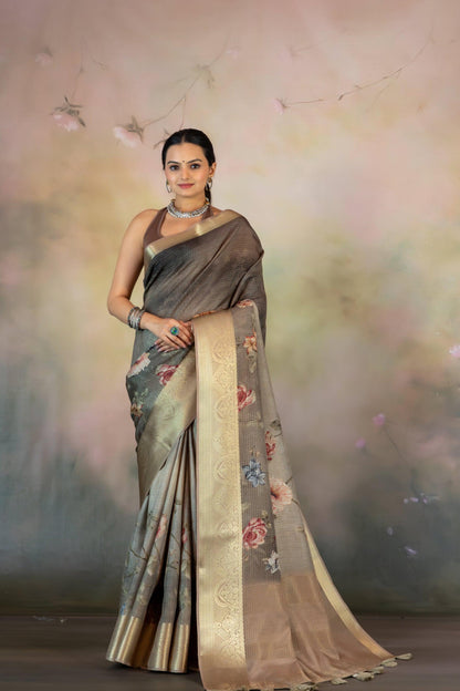 Grey Floral Print Jacquard Checks Saree - Yuvani