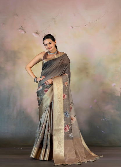 Grey Floral Print Jacquard Checks Saree - Yuvani