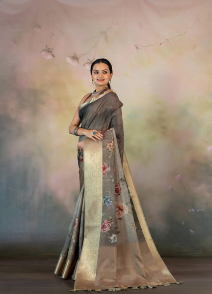 Grey Floral Print Jacquard Checks Saree - Yuvani