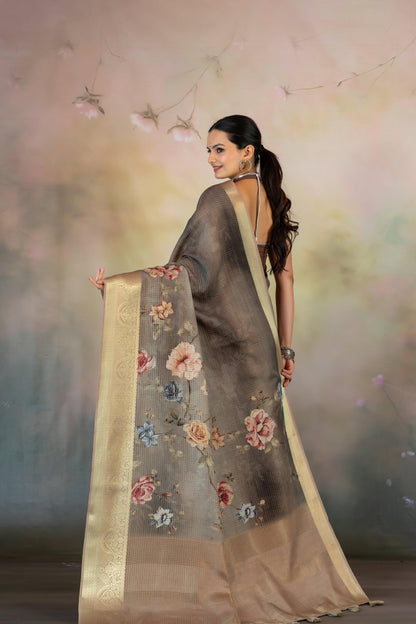 Grey Floral Print Jacquard Checks Saree - Yuvani