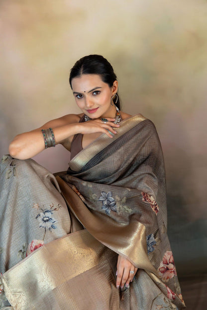 Grey Floral Print Jacquard Checks Saree - Yuvani