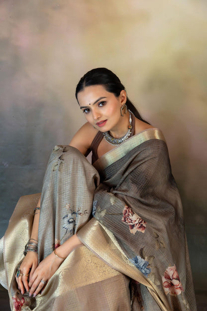 Grey Floral Print Jacquard Checks Saree - Yuvani