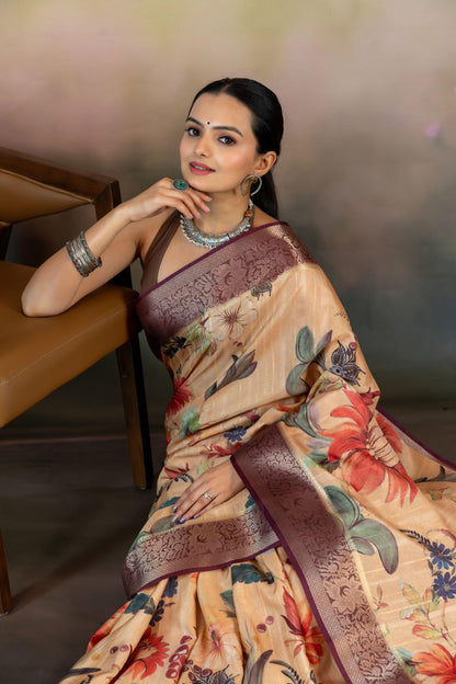 Summer Peach Floral Print Jacquard Saree - Yuvani