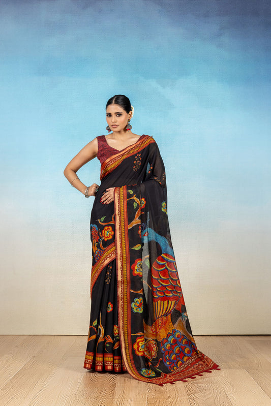 Mayura Black Kalamkari Saree