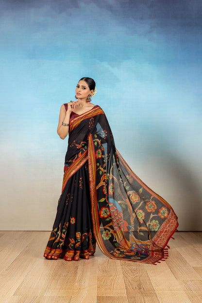 Mayura Black Kalamkari Saree
