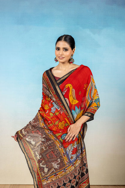 Chitrangi Red Kalamkari Saree