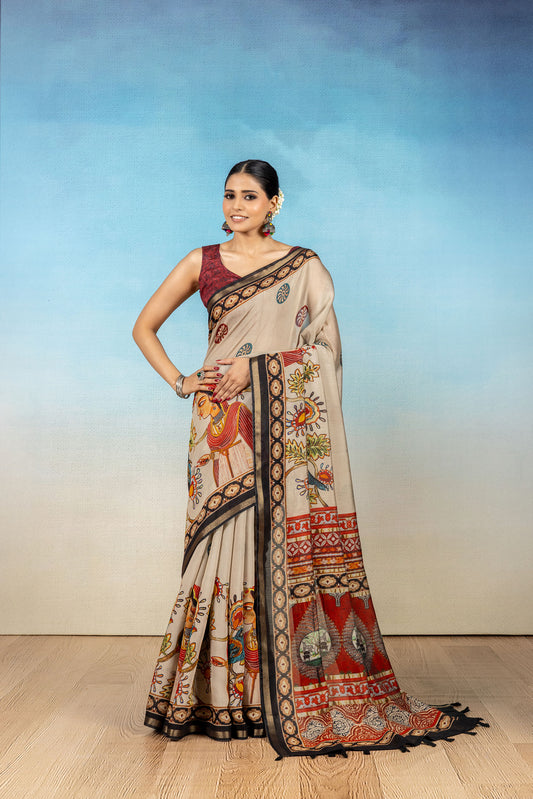 Chitra Beige Kalamkari Saree