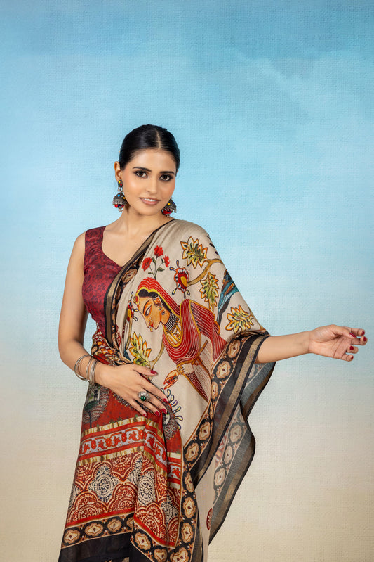 Chitra Beige Kalamkari Saree