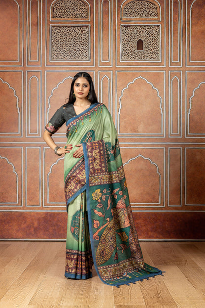 Peacock Sage Green Soft Slub Saree