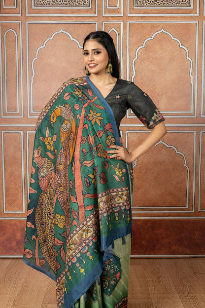Peacock Sage Green Soft Slub Saree