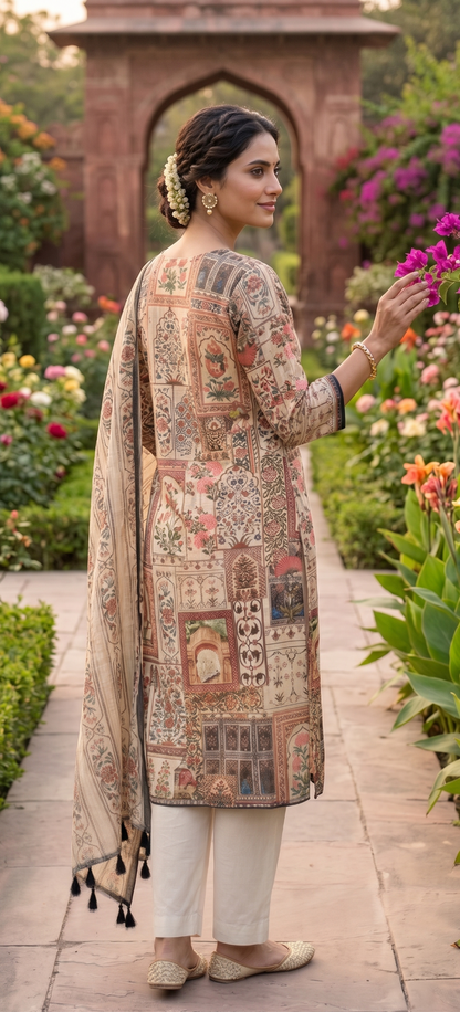 Beige Ethnic Panel Print Kurti Set