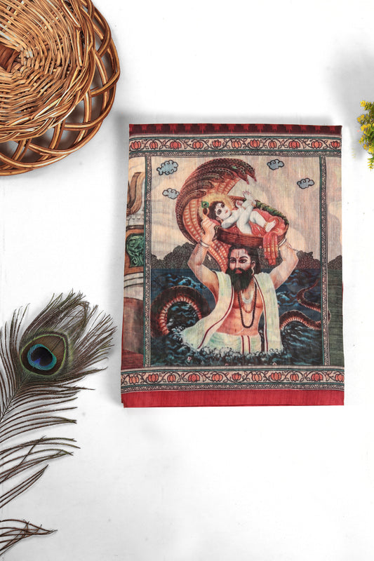 Vrindavan Leela Red Printed Saree - Yuvani