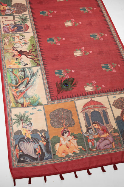 Vrindavan Leela Red Printed Saree - Yuvani