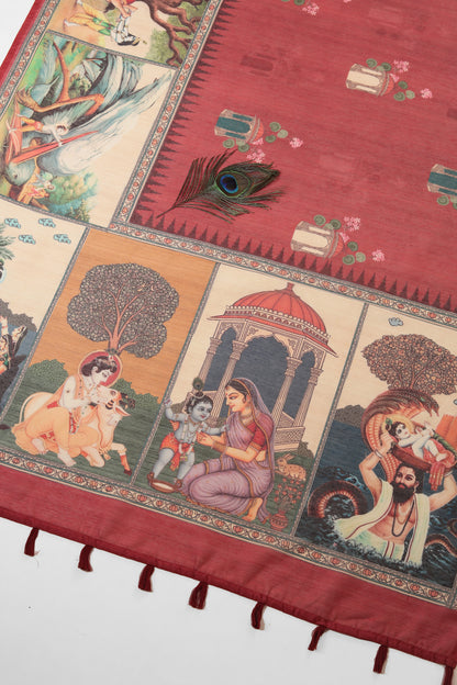 Vrindavan Leela Red Printed Saree - Yuvani