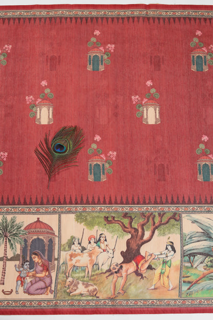 Vrindavan Leela Red Printed Saree - Yuvani