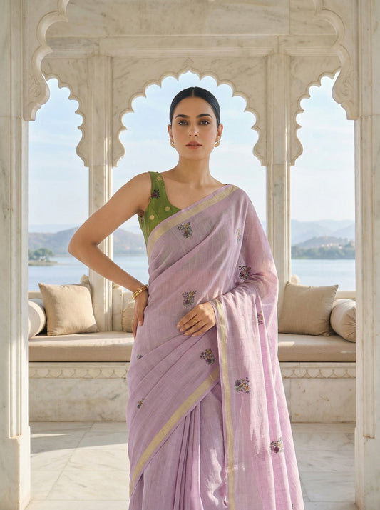 Woman in a pink saree with a green blouse standing in an elegant interior setting.Lavender Jamdani Cotton Woven Saree for women