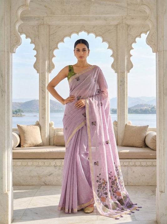 Woman in a lavender saree standing in a scenic outdoor setting with arched windows. Lavender Jamdani Cotton Woven Saree for women