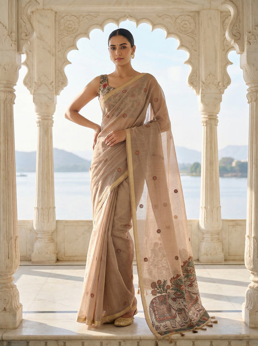 Woman in a beige saree with floral patterns standing in front of an architectural structure with a scenic background. Light Grey Jamdani Cotton Woven Saree for women