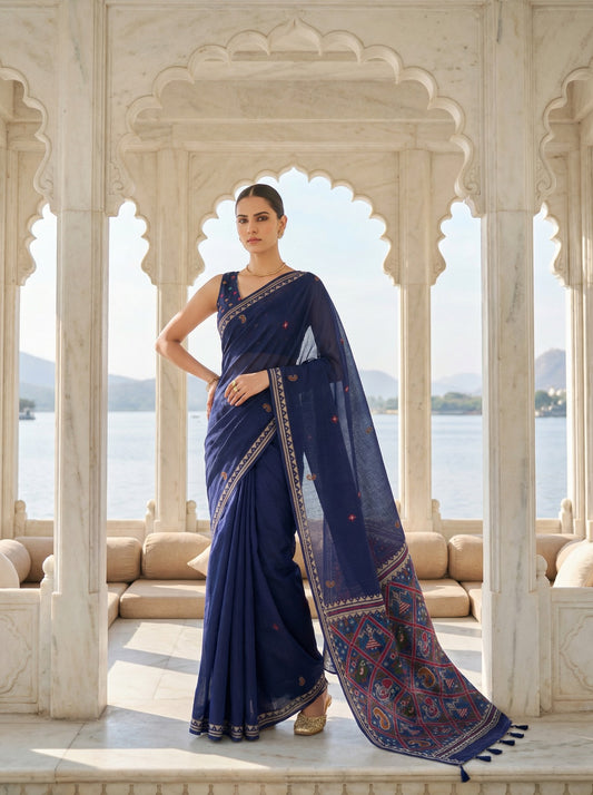Woman in a navy blue saree with a scenic background Navy Blue Patola Jamdani Cotton Saree for women