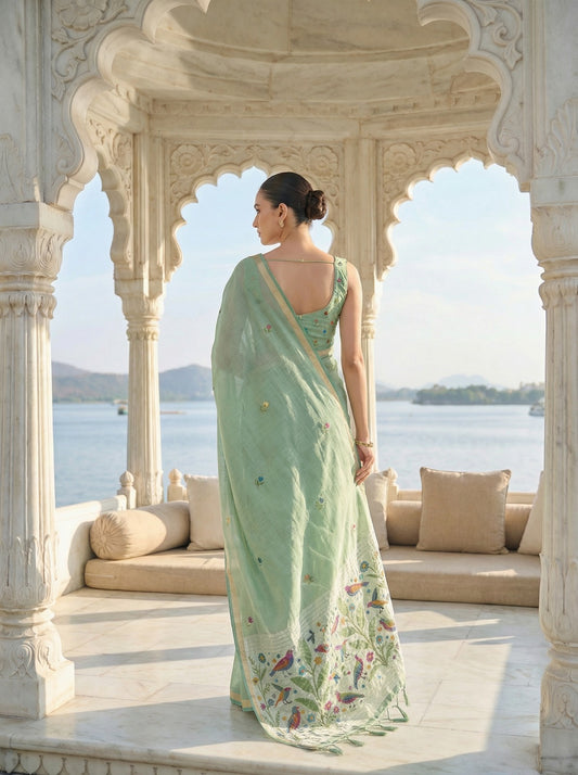 Woman in a light green saree standing in front of an ornate architectural structure with a scenic view. Pista Green Jamdani Cotton Saree