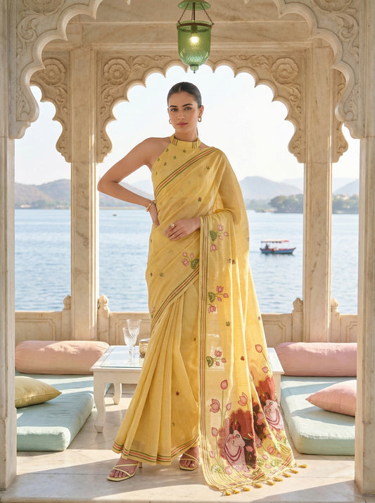 Woman in a yellow saree standing in front of an archway with a scenic  view. Yellow Pichwai Jamdani Cotton Saree for women
