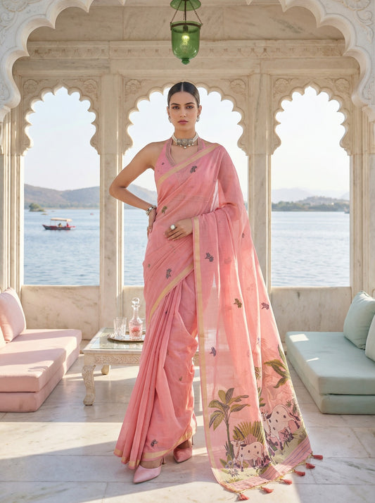 Woman in a pink saree standing in a scenic outdoor setting with water and mountains in the background. Pink Pichwai Jamdani Cotton Saree for women