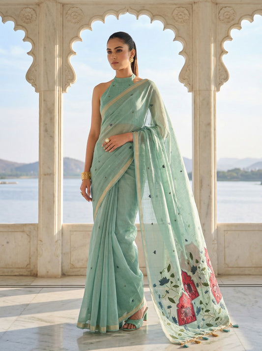 Woman in a light green saree with floral patterns standing in front of an arched window with a scenic view. Sea Green Pichwai Jamdani Cotton Saree for women
