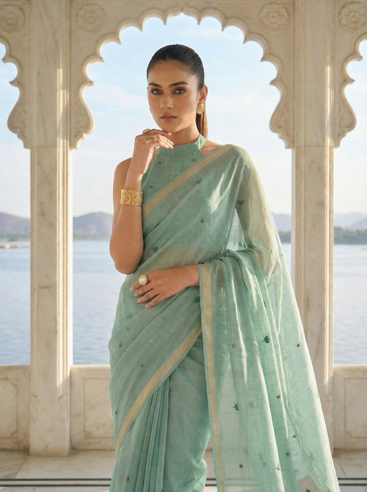 Woman in a light green saree standing in front of an arched window with a scenic view. Sea Green Pichwai Jamdani Cotton Saree for women