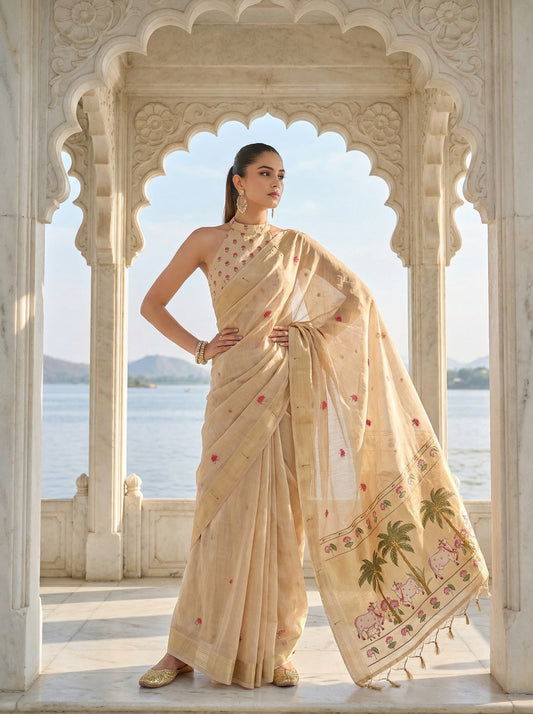 Woman in a beige saree with floral patterns standing in front of an architectural structure with a scenic background. Off White Pichwai Jamdani Cotton Saree | Pichwai sarees