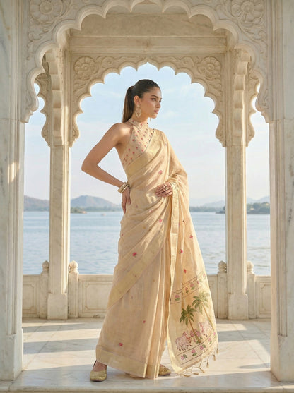 Woman in a beige saree standing in front of an archway with a scenic view in the background Off White Pichwai Jamdani Cotton Saree | Pichwai sarees
